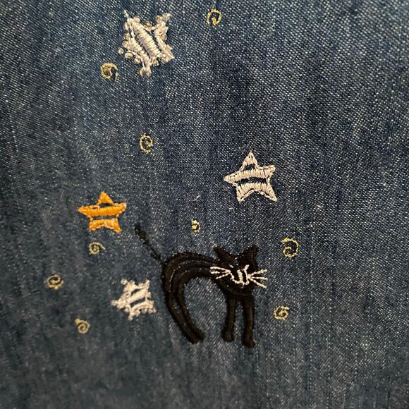 Halloween embroidered Shirt Denim Blue Womens Size 10 Witch Black Cat - Picture 4 of 7